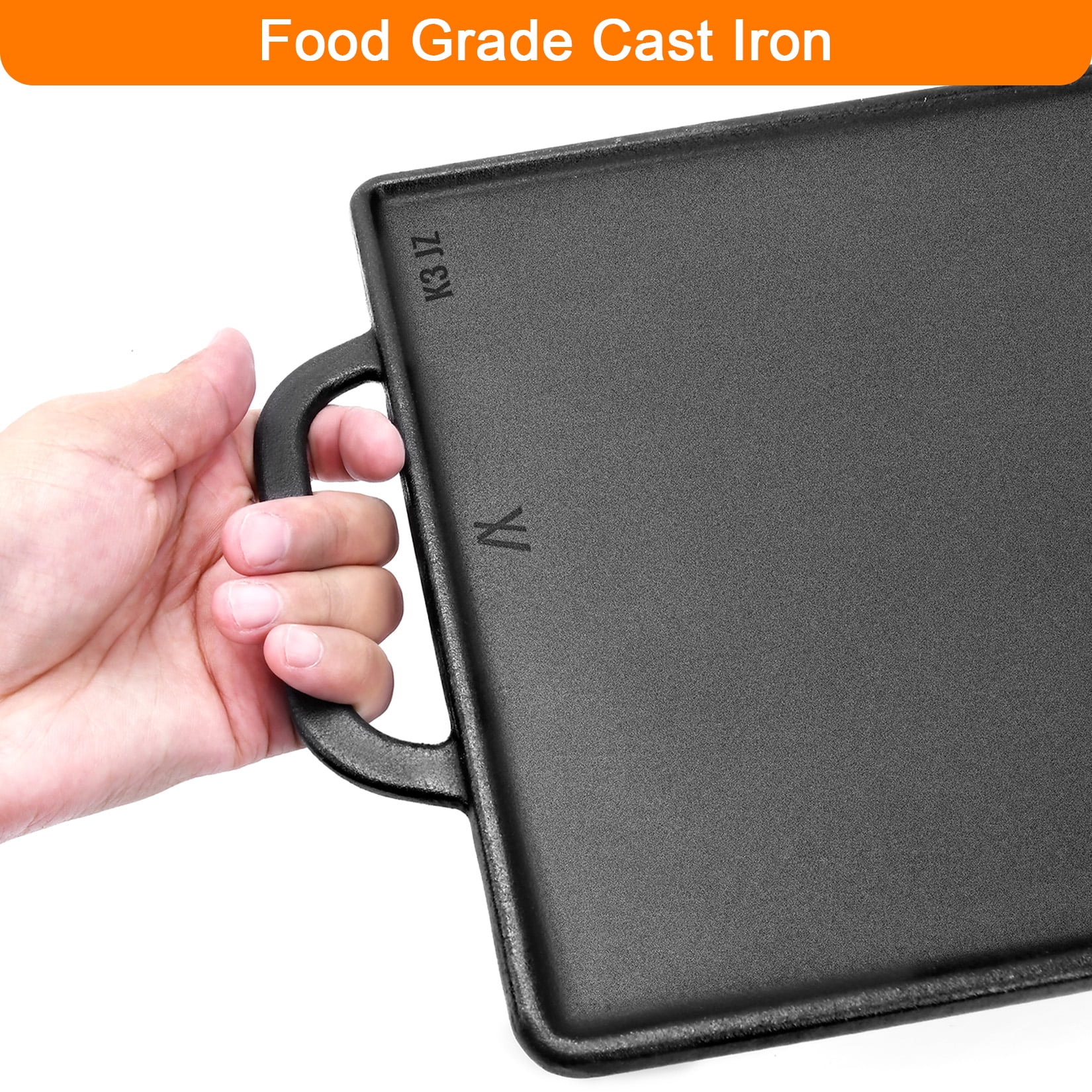 Uscover Cast Iron Reversible Grill and Griddle Pan 15x9 Inches with Handles for Gas Grill & Stove Top Black