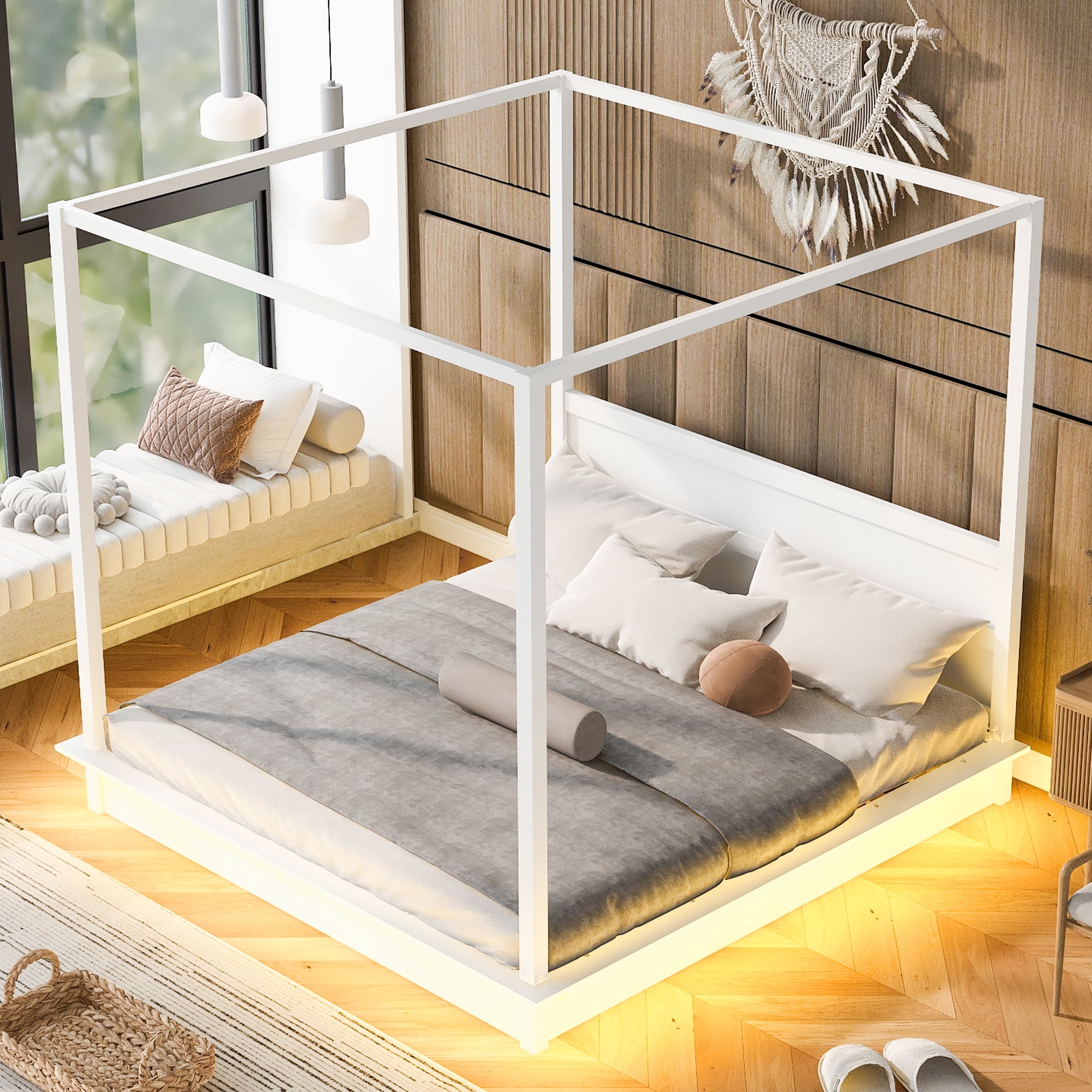 Mintazer King Size LED Canopy Bed with Wood Headboard, Platform Four Poster Bed Frame Easy Assembly, No Box Spring Needed, White