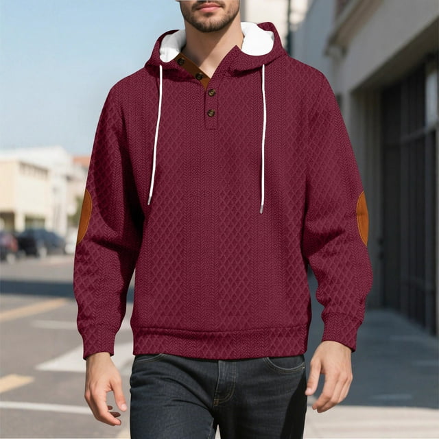 pstuiky camisetas de manga larga para hombre, Blusa informal y moderna de color liso con capucha y botones de manga larga para hombre salir tops xxl