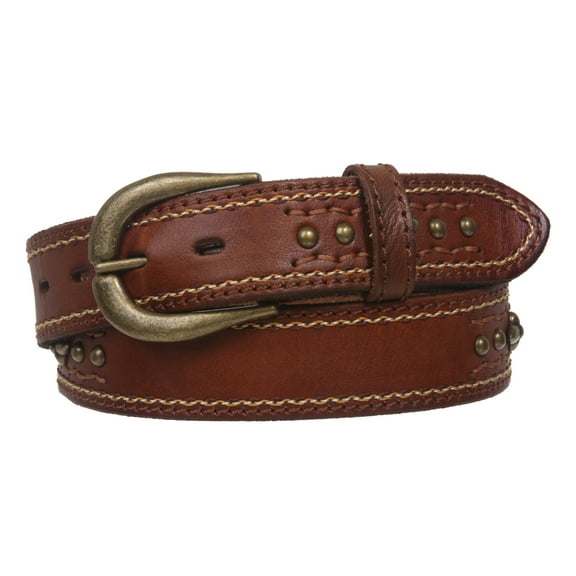 Snap On Stitching-Edged Floral Riveted Studs Cowhide Leather Casual Jean Belt