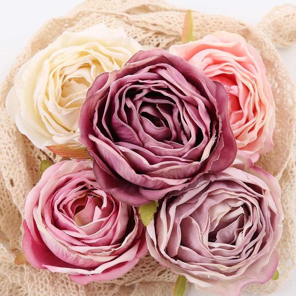 Roses Heads Dried Silk Flowers Fake Roses Heads for Floral Arrangements Roses Artificial Flowers for Silk Bouquet Bulk Wedding Flowers in Purple Bulk Silk Roses (Light Pink Purple Mixed)