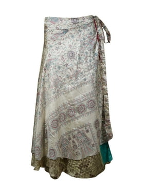 Mogul Women Gray,Blue Vintage Silk Sari Magic Wrap Skirt Reversible Printed 2 Layer Sarong Beach Wear Cover Up Long Skirts One Size