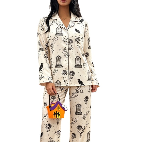 BOOMNY Halloween Womens Pajama Sets 2 Peice Pjs Set for Women Hallowmas Pumpkin Ghost Graphic Long Sleeve Buttons Sleepwear Tops Pants Cozy Homewear Loungewear Sets