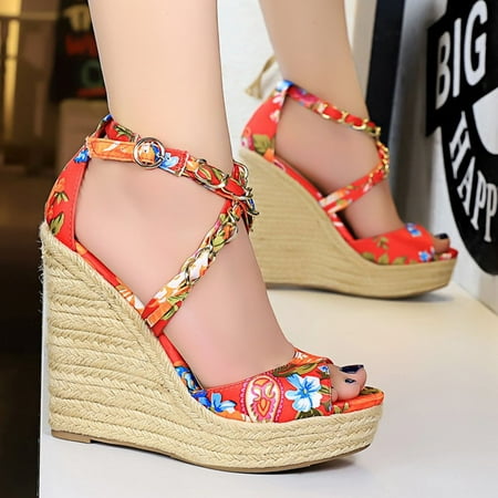 

〖Yilirongyumm〗 Red 35 High Heels For Women High Heel Flower Wedges Fish Mouth Sandals Cross Ankle Strap Casual Shoes