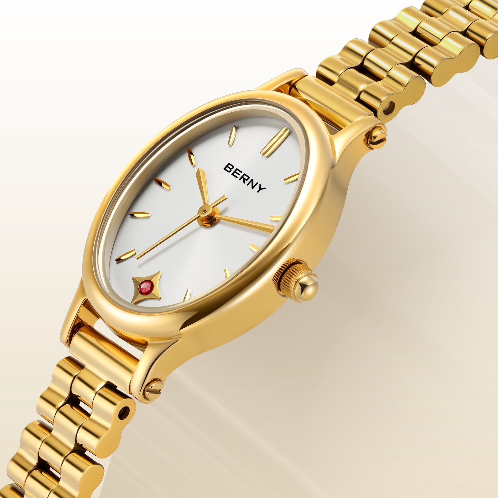 BERNY Small Gold Watches for Women, Dainty Luxury Oval Sunray Dial, Stainless Steel Bracelet Watch, Adjustment Tool Included, Waterproof, Fashion Ladies Analog Quartz Wrist Watch Gifts (White)
