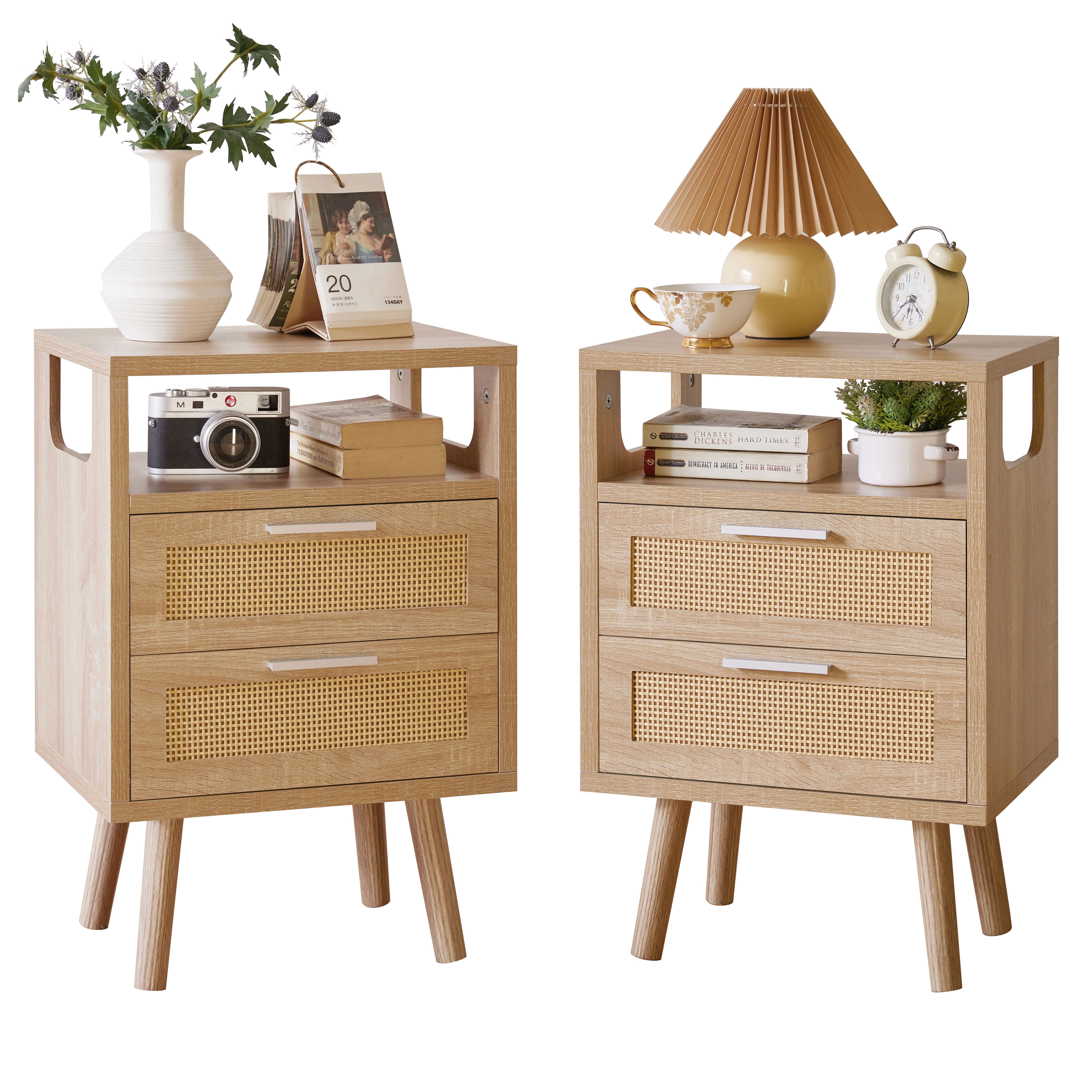 MAYEERTY Set of 2 Rattan End Tables with 2 Drawers and Open Shelf, Modern Wood Side Table with Tapered Legs, for Living Room Bedroom Small Spaces