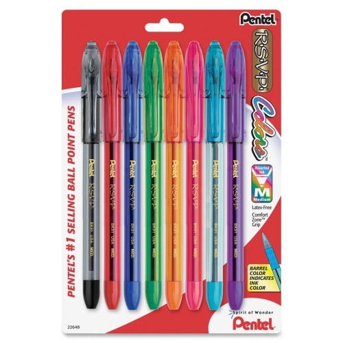 Pentel R.S.V.P. Multi Pack Stick Ballpoint Pens Medium Pen Point - 1 mm Pen Point Size - Refillable - Assorted - Assorted Barrel - 8 / Pack