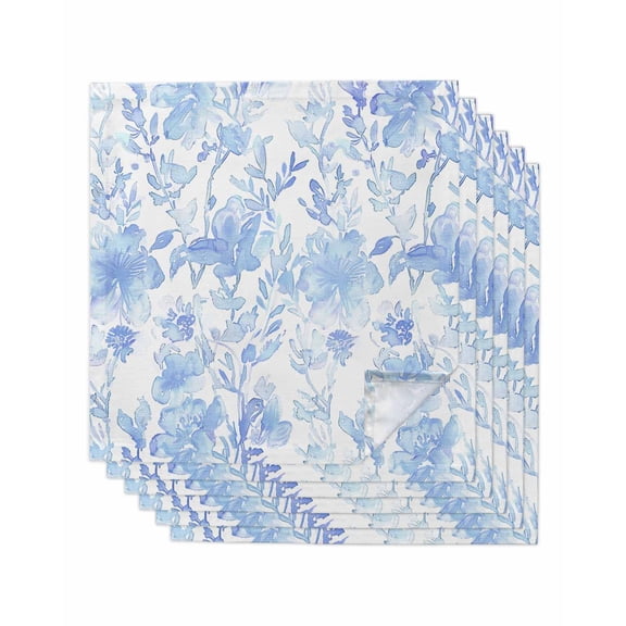 Watercolor Blue Floral Cloth Napkins Washable Set of 6, Blue Ombre Botanical Summer Reusable Dinner Table Napkins Cloth Bulk for Weddings Kitchen Restaurants Hotel Events Parties 20 x 20 Inch
