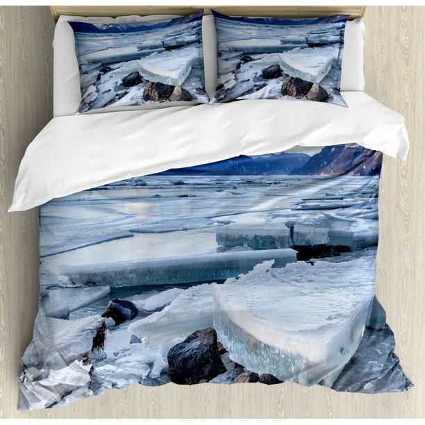 Alaska King Size Duvet Cover Set Ice Chunks On The Side Of Chilkat River In North America Winter Season Decorative 3 Piece Bedding With 2 Pillow Shams Seafoam White Sky Blue Alaska King Size Duvet Cover Set Ice, Alaskan King Bed Duvet
