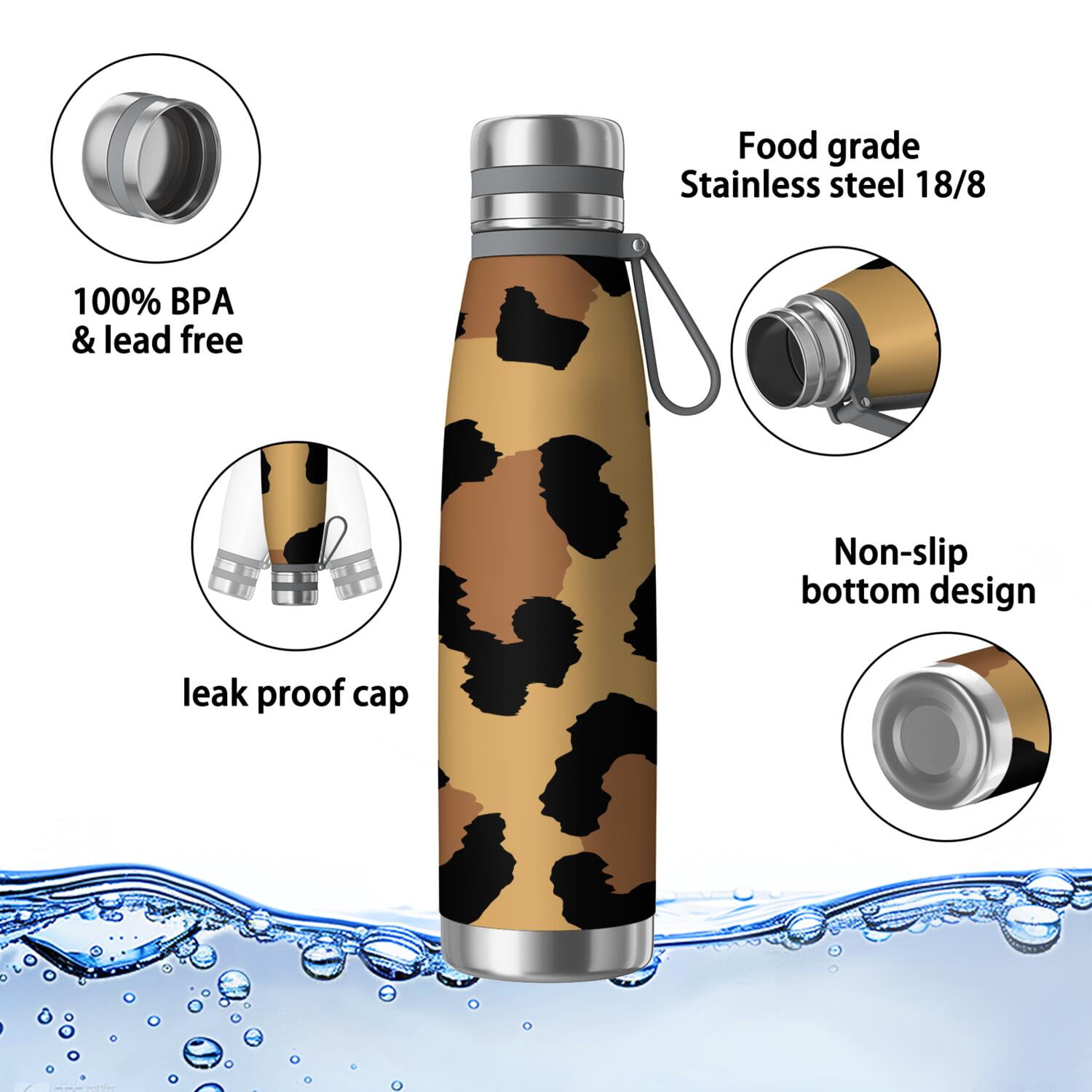 29oz Insulated Water Bottle with Tea Infuser, Stainless Steel Travel Mug, Animal Leopard Print