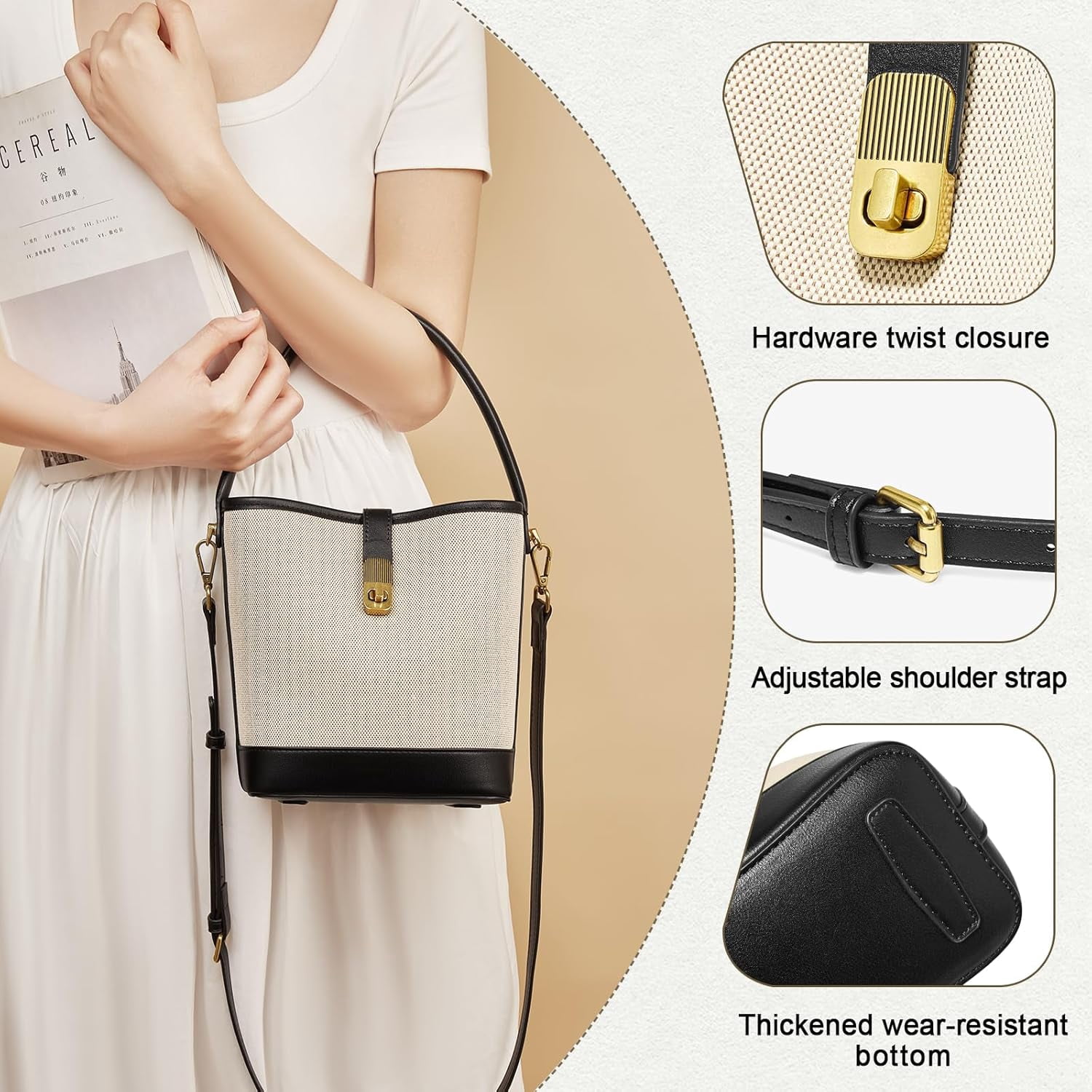 Kwuty Coated Canvas Bucket Crossbody Bags for Women Top-Handle Handbags Small Satchel Purse Trendy Twist Lock