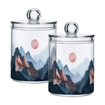 Yayeee 2 Pack Qtip Holder Bathroom Cotton Swab Canister with Lid Clear Dispenser Set, Art Mountain and Sun Pattern