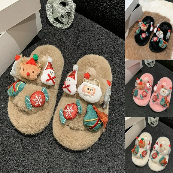 Slippers for Kids Comfortable Christmas Fall Winter Warm House Shoes Soft Platform Cozy Open Toe Slip On Toddler Shoes Black Sizes 5-6 Y