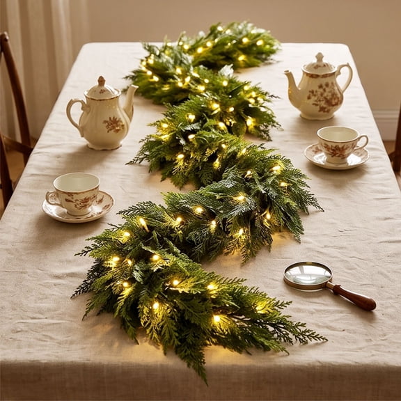 71" Pre‑Lit Christmas Norfolk Pine Garland, Thick Dense Artificial Cypress Greenery Garland with LED Lights, Holiday Hanging Decor for Fireplace Mantel Table Wall Door Frame