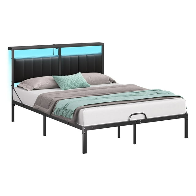 Bestier Queen Bed Frame with Upholstered Headboard, Metal Platform Bed with LED Lights & USB Ports, Black