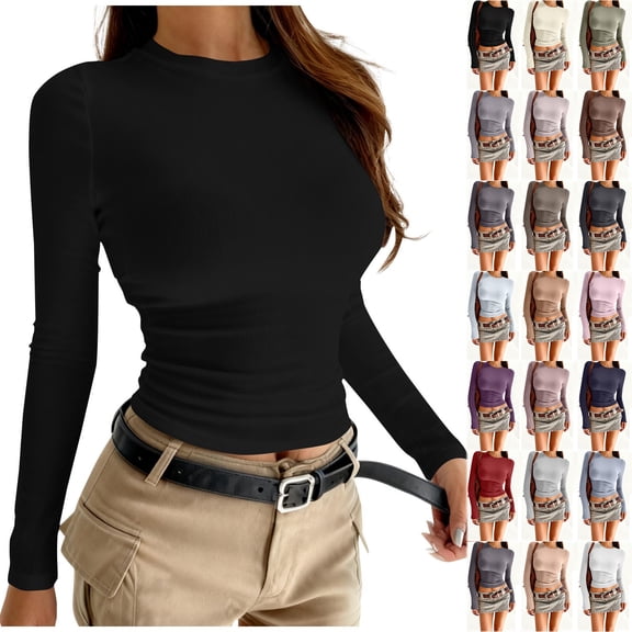 Otntypg Womens Long Sleeve Fitted Shirts Trendy Solid Color Ribbed Knit Slim Tight Fit Basic Crew Neck Tees Fall Going Out Tops Beige M