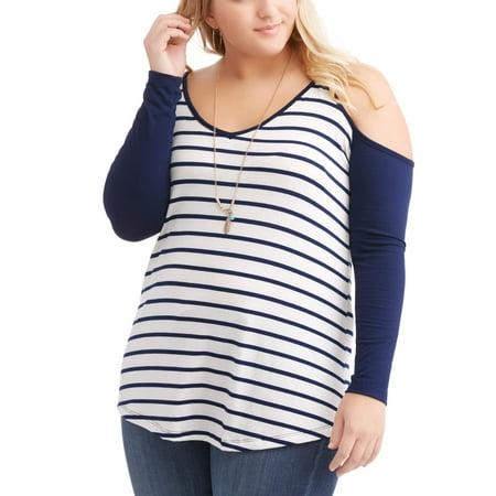 Poof! Juniors' Plus OPP Stripe Cold Shoulder Tee