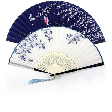 

2 Pieces Handheld Fans Silk Folding Fans with Bamboo Frames for Dancing Cosplay Wedding Party Props Decoration
