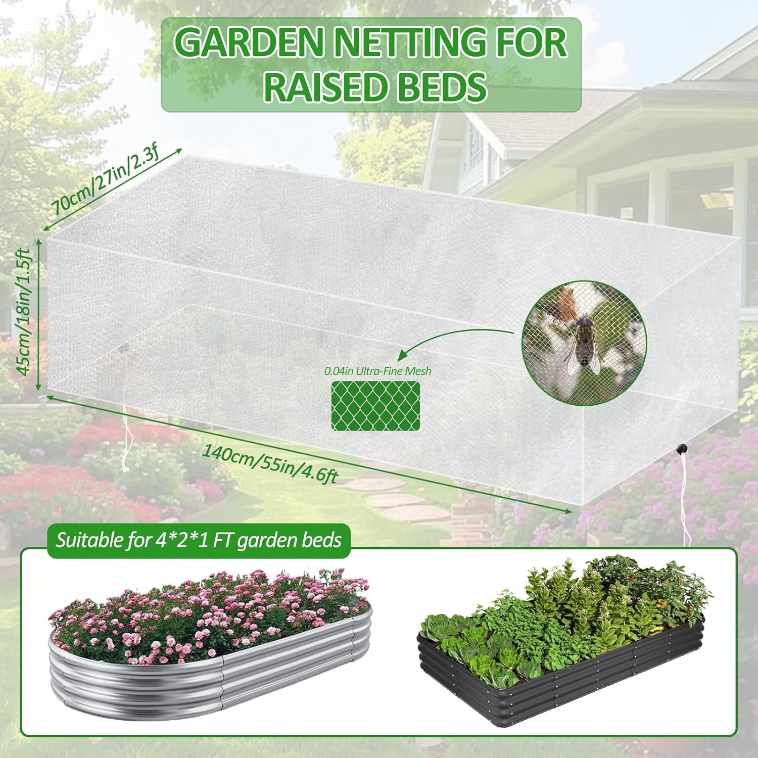 2 Pack for Raised Beds, 4x2FT Raised Bed Cover for Garden Protection, Ultra Fine Mesh Bird Netting Pest Barrier Screen with Drawstring for Protecting Vegetables Fruits Flowers