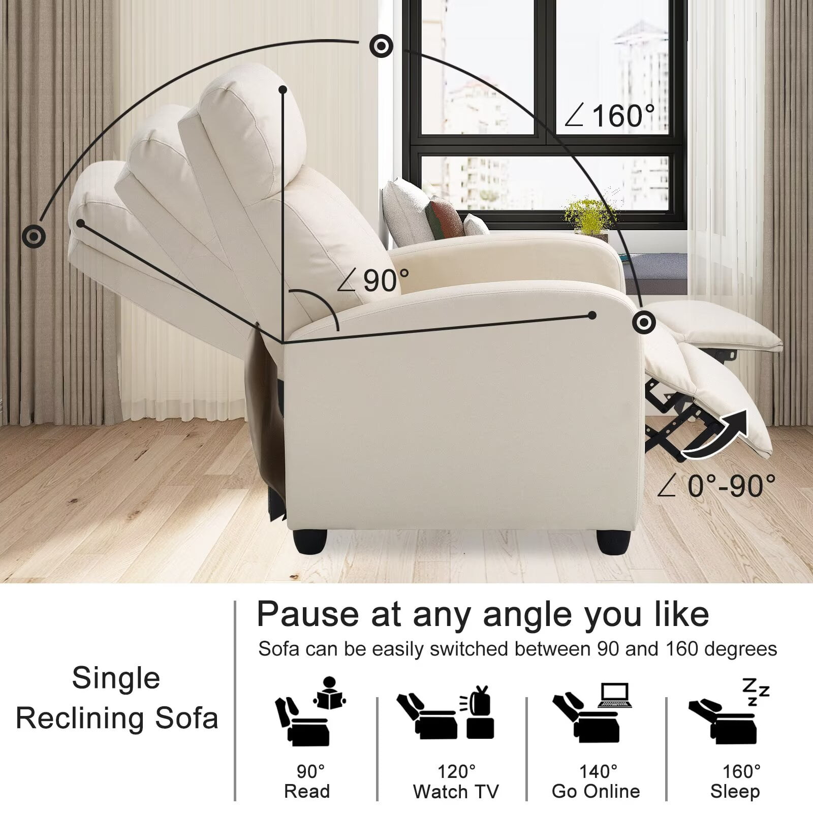 YRLLENSDAN Fabric Recliner Chair for Living Room Home Theater Seating, Adjustable Single Sofa for Adults, Reading Chair with Padded Seat Backrest and Footrest, Beige