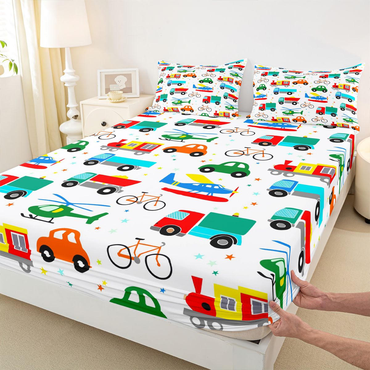 Manfei Colorful Cartoon Cars Full Size Sheets,Modern Aircraft Aitplane Bed Sheets,Cute Multicolor Stars Sheet Sets For Boys Girls,Super Cozy Room Decor,4-Piece