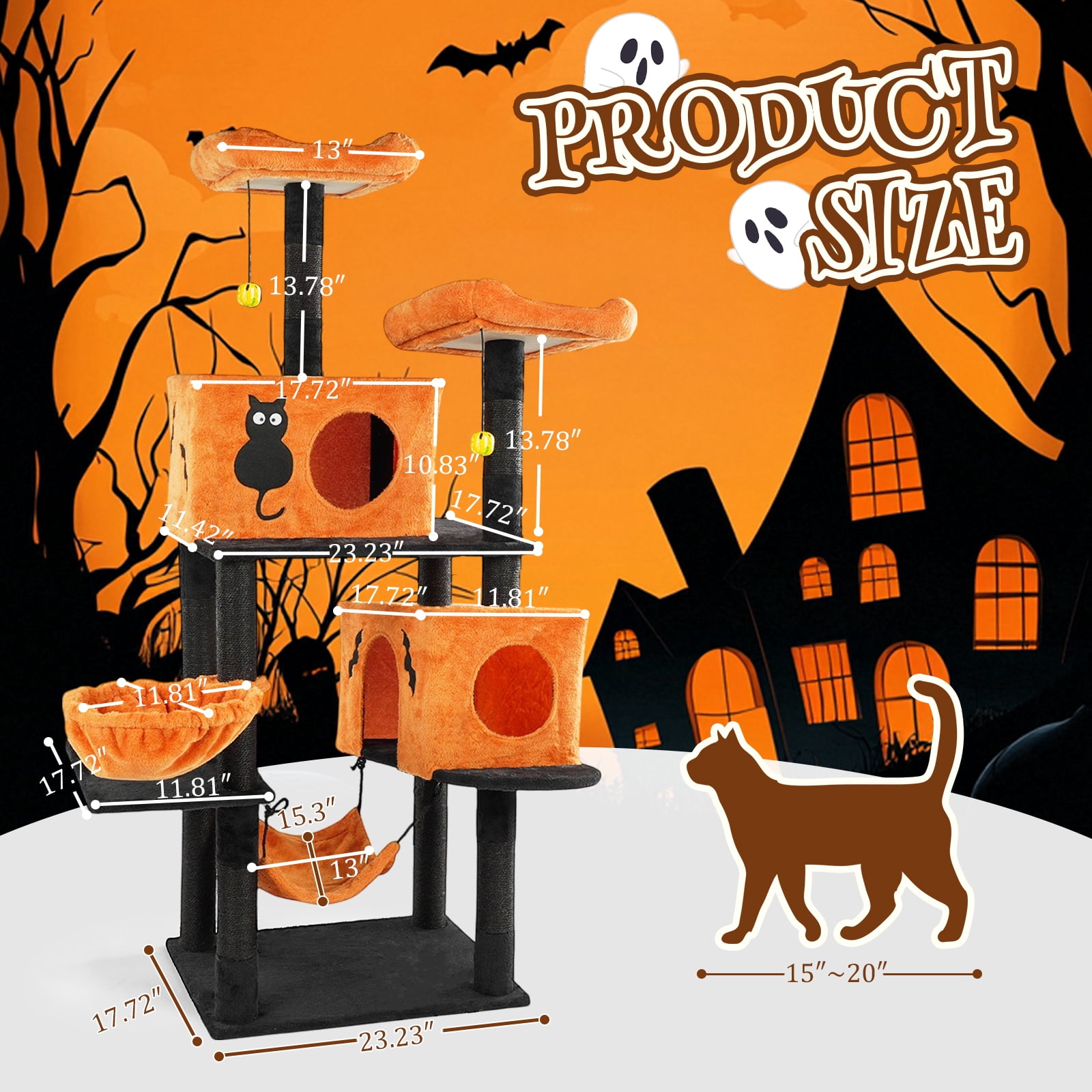 VINGLI Halloween Cat Toy & Scratch Post, Halloween-Themed Cat Climbing Tree with Cat Condo, Spooky Cat Tower in Multiple Sizes