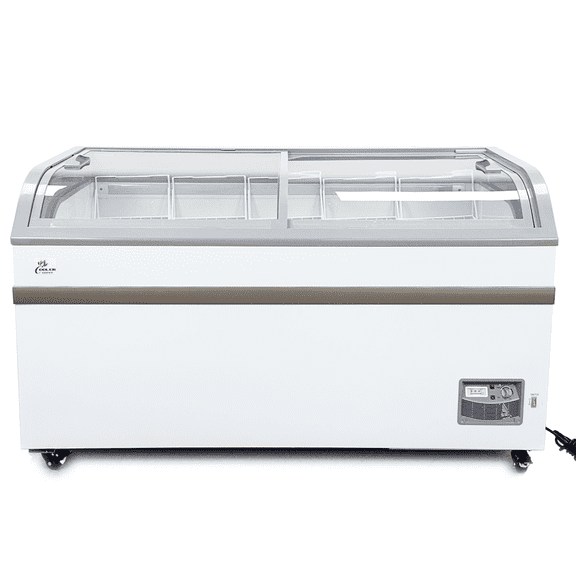 58" Commercial Chest Freezer with Curved Glass Sliding Doors, NSF Supermarket Display Freezer, LED Lighting, Grocery Island Freezer, Cooler Depot