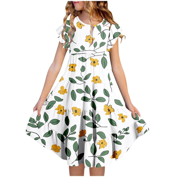 SGFCWSX Girls Ruffle Sleeve Tiered Swing Dress Teens Crewneck Floral Leaf Print Midi Dress for Spring Summer Casual Play Multicolor Size 14-15 Years