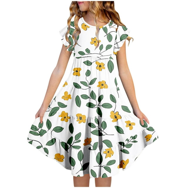 Zpanxa Robes Florales pour Filles Été Manches Courtes Manches Volantées Col Rond Imprimé de Fleurs Taille Poche Robe Superposée Polyester Spandex Multicolore 10-11 Ans