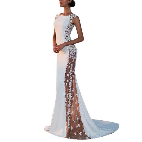 FINALGANG Womens Dress Solid Color Sleeveless Maxi Wedding Dress With Crewneck Lace Applique Illusion Side Sheath Bridal Gown For Wedding Formal Occasions