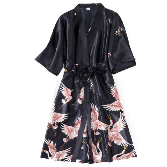 Satin Kimono Robe for Women Elegant Loungewear Mid Length Sleeves Soft Bathrobe for Bridal Morning and Spa Relaxation V Neck Black L