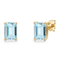 Gem Stone King 14K Yellow Gold Sky Blue Aquamarine Double Notch Stud Earrings for Women Men | 1.60 Cttw | Gemstone March Birthstone | Octagon 7X5MM | Basket Setting | Gold Earrings for Women Men