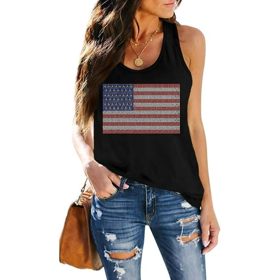 USA Tank Tops Women: Flag Sequin Tank Patriotic Shirts 4th of July Sleeveless T Shirt Summer Casual Bling Tops