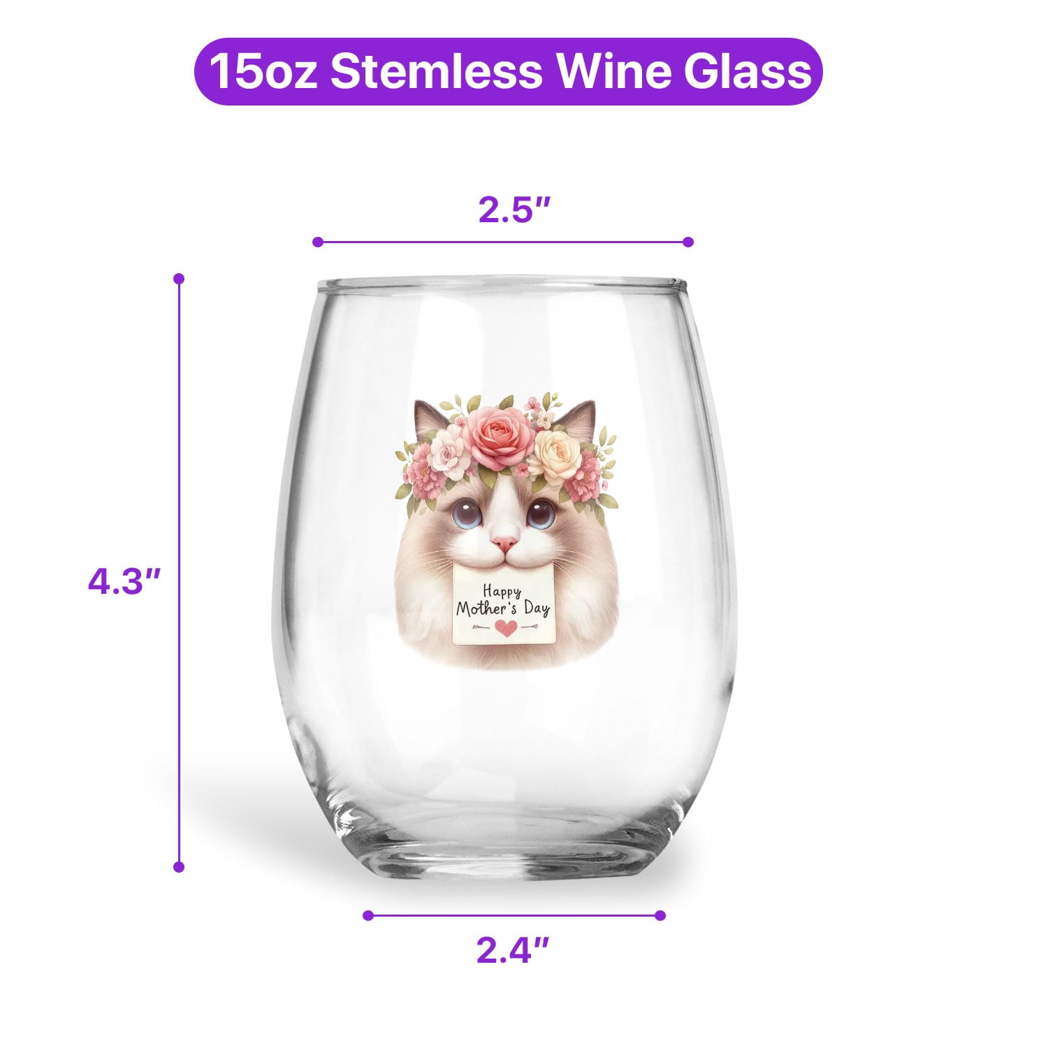 Happy Mother's Day Ragdoll with Flower Crown and Greeting Card 15oz Stemless Wine Glass Mug Cat Lover Kitten Owner Gifts Idea Wine Glasses Cup - 13004