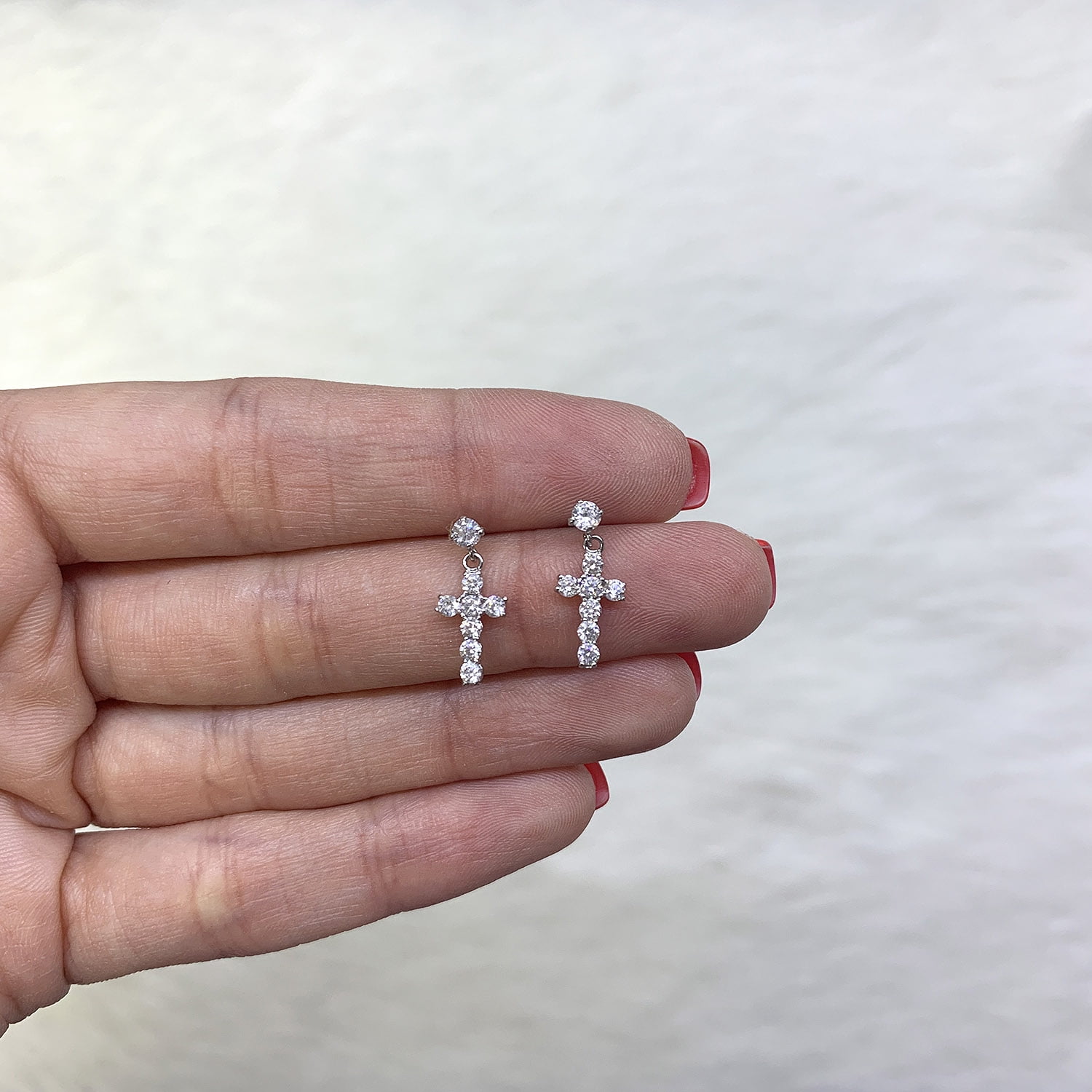 14K White Gold 1Ct Created Diamond Cross Dangle Drop Stud Earrings
