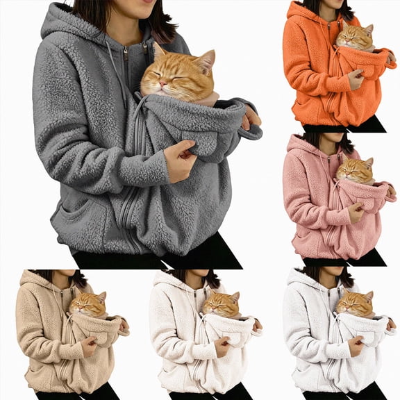UOCUFY Cat Pouch Hoodie for Women Cute Dog Pet Baby Carrier Fleece Hoodies Orange,Size S