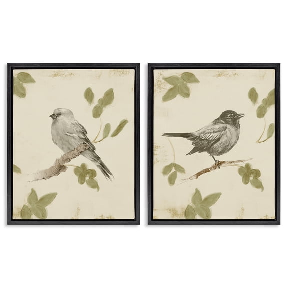 Stupell Industries Neutral Bird Scene 2 Piece Black Framed Floater Canvas Set, design by Lanie Loreth