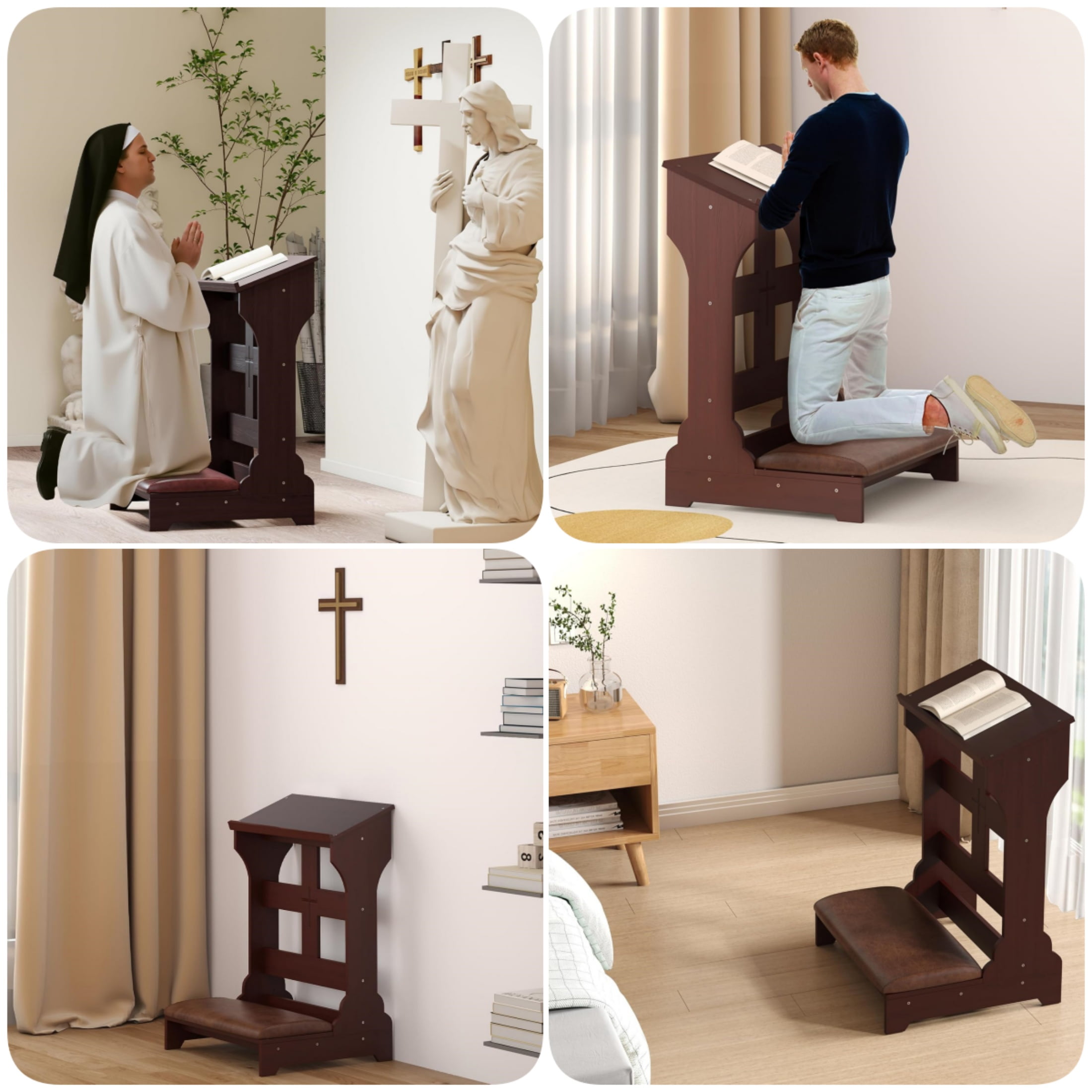 Gtouse Prayer Bench, Padded Prayer Kneeler with Book Shelf and Cushion, Prayer Table Chair Stool for Home & Church, 23.1" x 20.4" x 32.8"