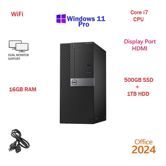 Restored Windows 11 Dell i7 6700 3.4GHZ 16GB RAM 500GB SSD + 1TB HDD WiFi Desktop Computer PC Office24