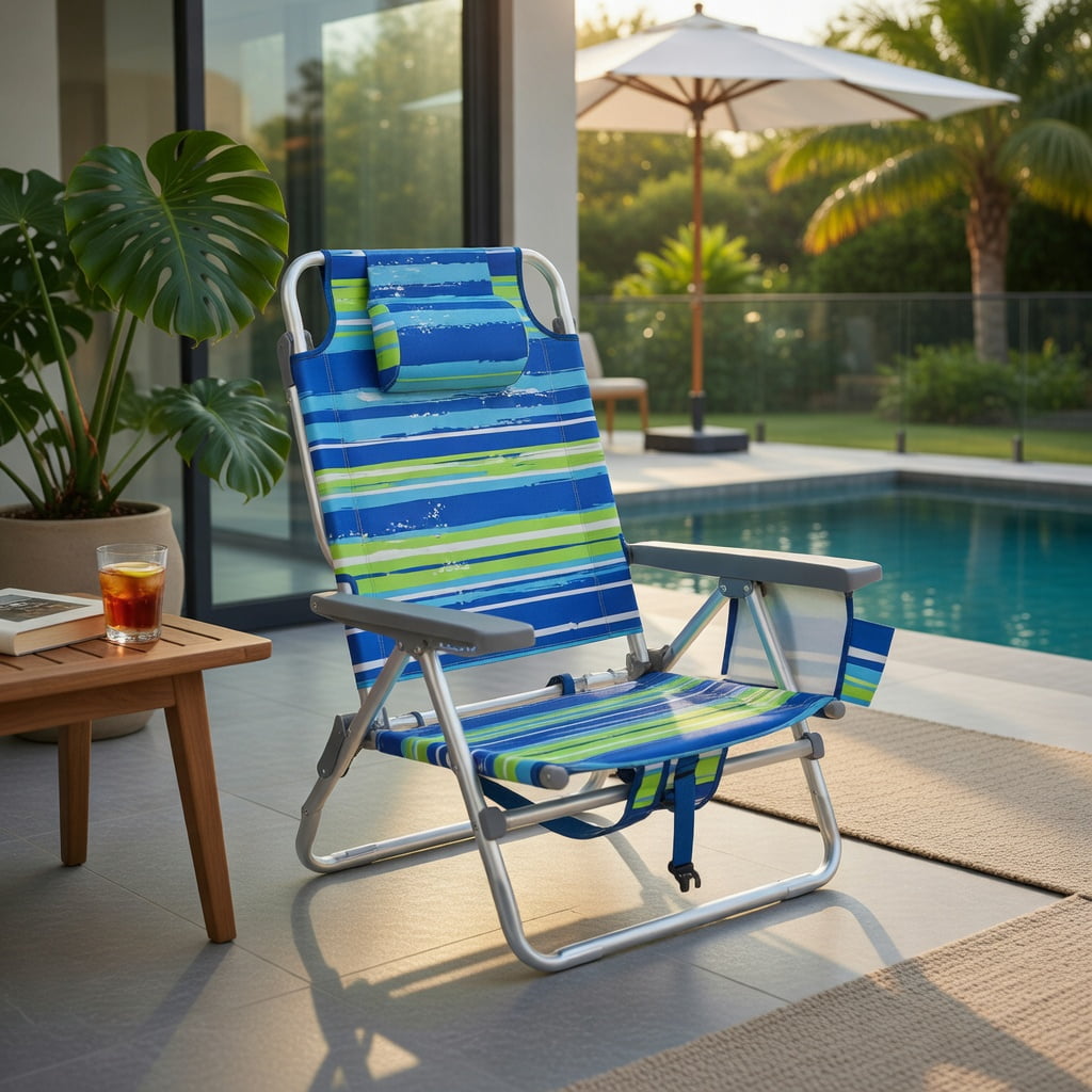 Hommoo 2-Pack Portable Beach Chairs with 5-Position Recline, Padded Headrest, Insulated Cooler Bag & Towel Hanger, Blue & Green