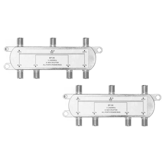 Uxcell 2Pcs Divisor de Cable Coaxial de 6 Vías, Conector Tipo F de 5-2400 MHz, Distribuidor de Señal de Baja Pérdida para TV, Antena de Satélite, Módem, Teatro en Casa, HDTV, CATV, Tono Plateado