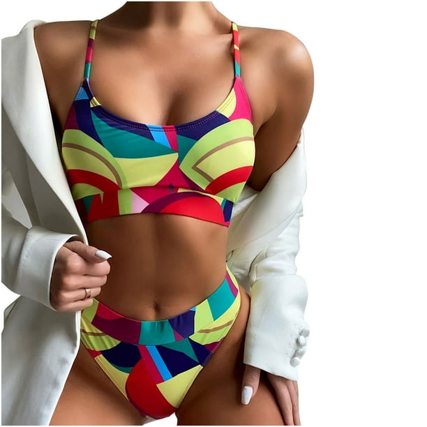 CEHVOM Ladies Vacation Beach Split Print Stitching Swimsuit Bikini