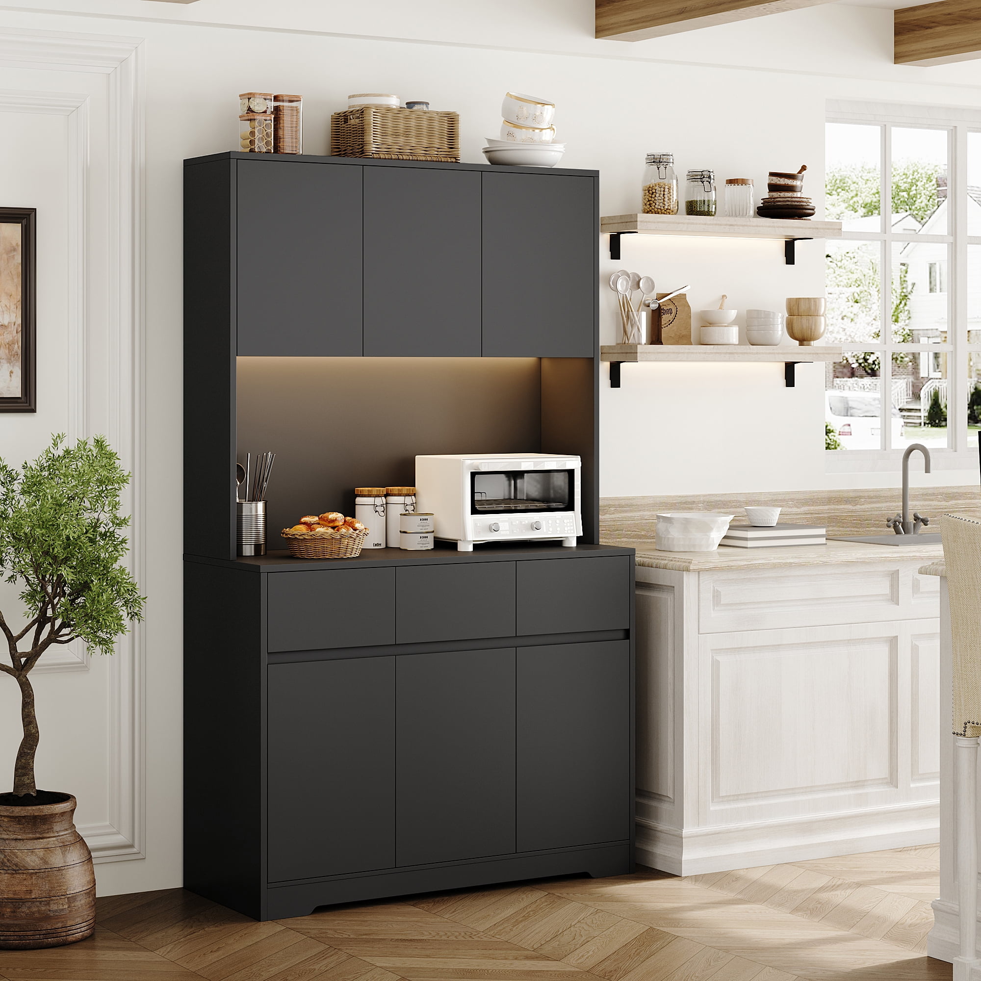 Homfa 70.9'' Tall Kitchen Pantry Cabinet with Charge Station & Led Light, 3 Drawer Storage Cabinet with Adjustable Shelves, Black