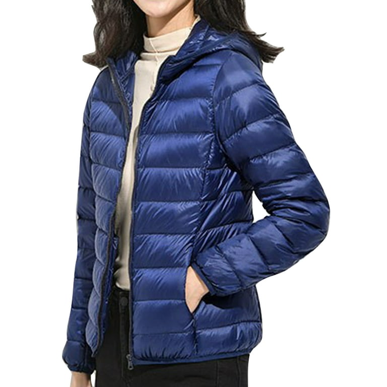 Niuer Women Outwear Hooded Coat Full Zip Puffer Jacket Lightweight Down  Jackets Pocket Navy Blue 2XL