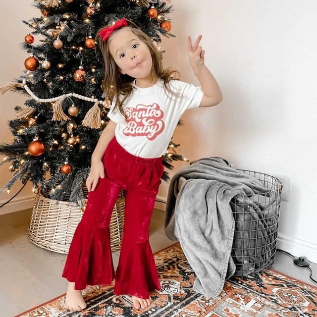 Txlixc Navidad Carta de niña impresa Top de manga corta y conjunto de diadema de pantalones de campana de terciopelo casual Txlixc moda
