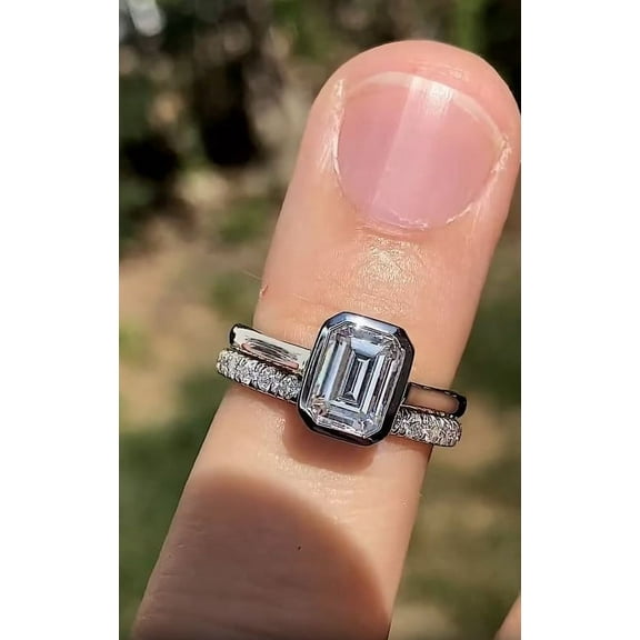 Solitaire Brilliance 1.7Ct Emerald Cut Moissanite Bezel Set Engagement Ring Set with Matching Full Eternity Band in 10K White Gold, Ring Size 4