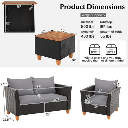 Costway 4 PCS Wicker Patio Furniture Set with Removable Cushions Storage Coffee Table - Gray,Black