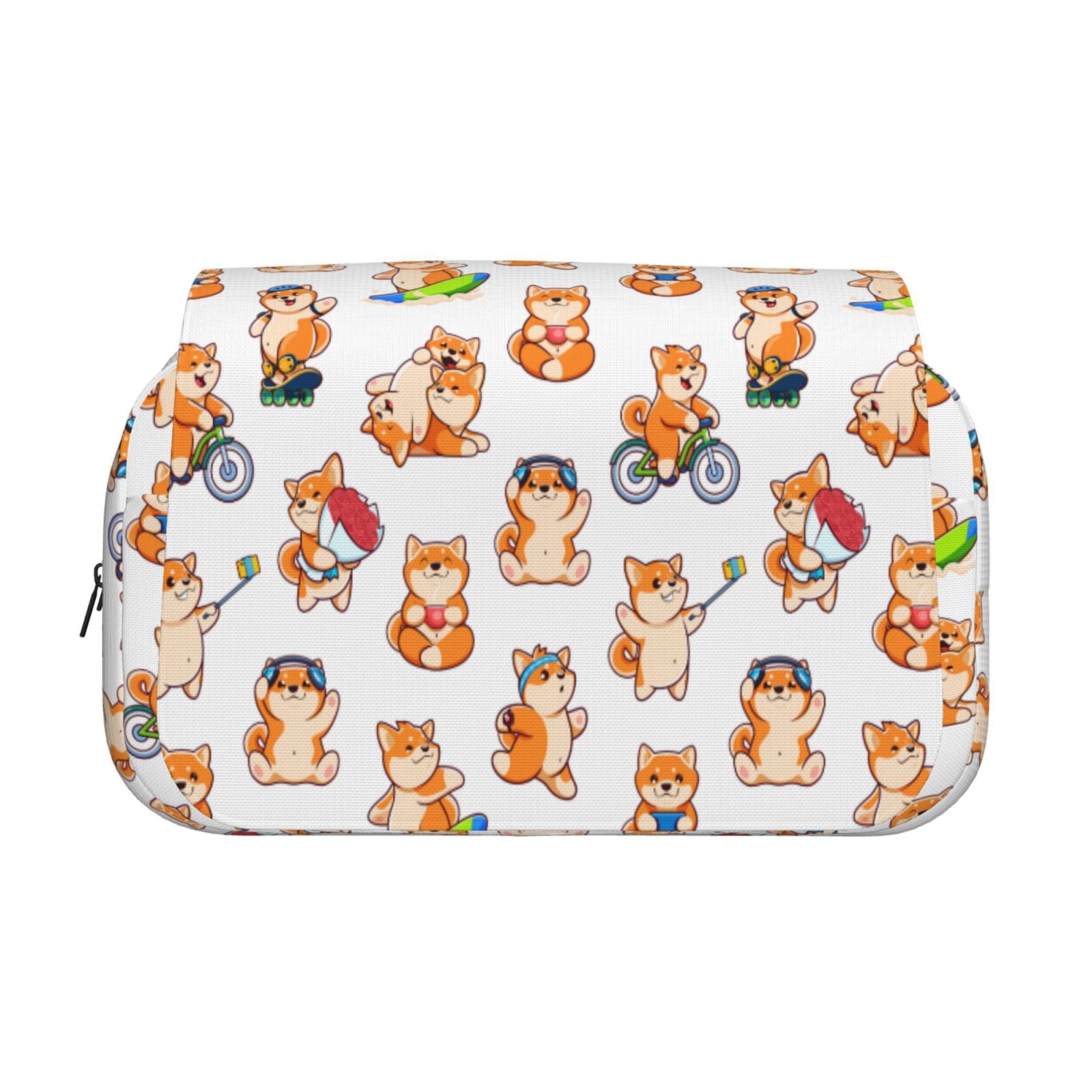 Rateoe Kawaii Shiba Dog Pattern Double Clamshell Pen Case, Storage Organizer with Two Zipper Compartments– Holds Up to 50 Pencils & Pens
