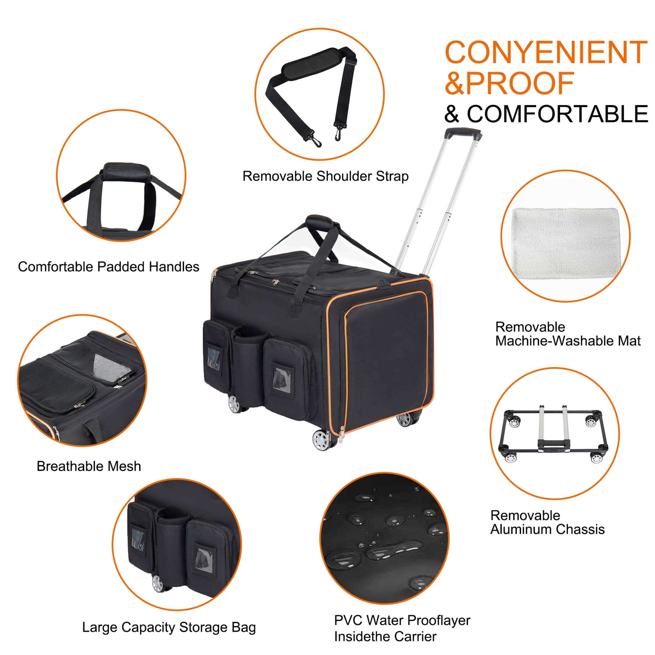 Noble House 2-in-1 Rolling Pet Carrier with Wheels & Removable Divider, Breathable Mesh Oxford for Camping, Black