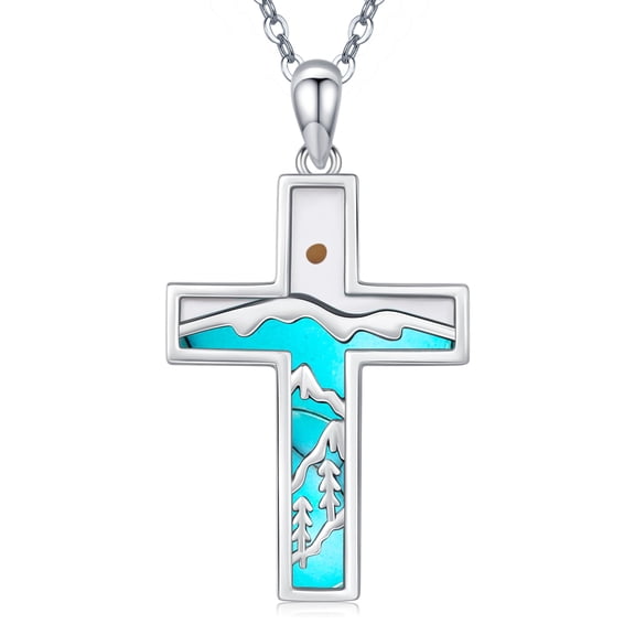 Coachuhhar Cross Necklace 925 Sterling Silver Mustard Seed Turquoise Pendant Necklaces Christian Faith Pendant Religious Christian Mountain Jewelry Gifts for Women Men